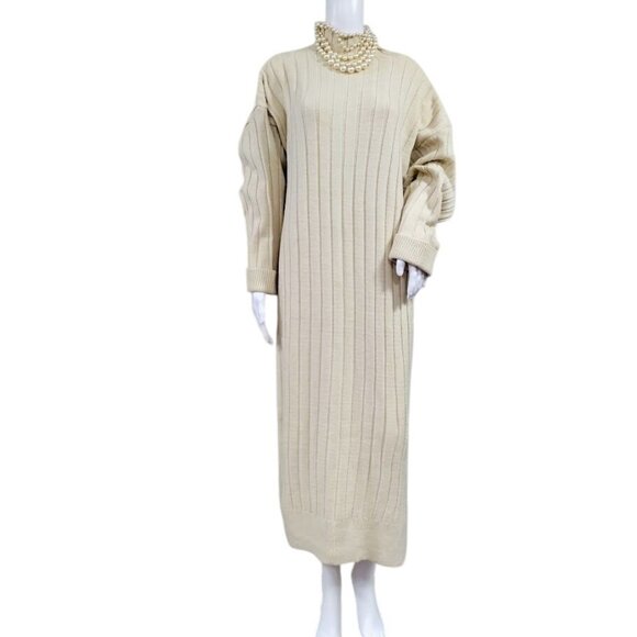 Topshop Knitted Oversized Ribbed Funnel Midi Dress Cozy Stone-Neutral Womens M - Picture 2 of 12